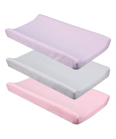 CaSaJa Diaper Changing Pad Cover for Baby Girls Set of 3, Snug Fit 4-Sided Contoured Changing Table Pad 16x31 16x32, Fitted Change Pad Sheet Gray Purple Pink, 100% Silky Soft Breathable Microfiber Light Grey & Light Purple & Pink Pack of 3