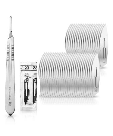 May set of craft knives consisting of 1x hobby scalpel handle made of stainless steel and 50x replacement blades figure 23 made of carbon steel