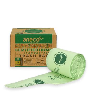 ANECO 100% Compostable Trash Bags Biodegradable Bag Extra Thick OK Compost Home BPI and TUV Certified (13 Gallon 50 Count)