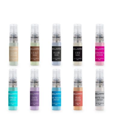Be lla Vit a Luxury Men & Women Trial Pack Of 10 X 5Ml Pocket Aerosol Perfumes Unisex Fresh Scent Fragrance Mix Of Edp Edt & Edc Long Lasting Perfume Sweet Floral Woody Musky & Spicy