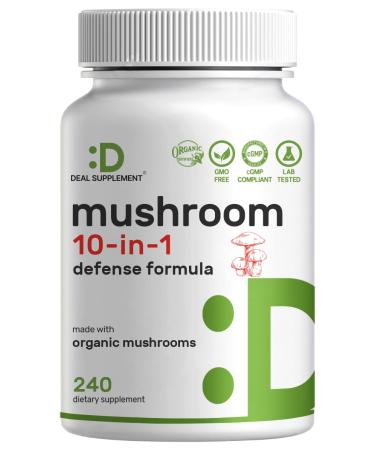 Organic 10-in-1 Mushroom Supplement 240 Capsules Lions Mane Turkey Tail Reishi Cordyceps & More Mushroom Complex Immune Energy & Nootropic Brain Support Non-GMO