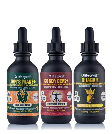 Life Cykel This is It Pack - Chaga Lion's Mane & Cordyceps Mushroom Extract - Full-Spectrum Mushroom Tincture for Energy Mental Clarity & Immune Support - Vegan Non-GMO- 2Fl/Oz Per Bottle