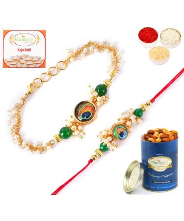 Ghasitaram Gifts Rakhis Online - Rakhi for Brother-RT-M-Pankh Bhaiya Bhabhi Rakhi with 100 GMS of Dryfruits Mix Can 200 GMS of Kaju katli Rakhi Set & 100g Dryfruits Mix Can 200g Kaju katli