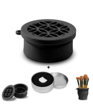 Makeup Brush Silicone Cleaning cup - Portable Foldable Silicone Makeup Brush Holder Bottom-Embedded Makeup Brush Cleaning Mat & Makeup brush cleaner and dryer 2-in-1 Design Black