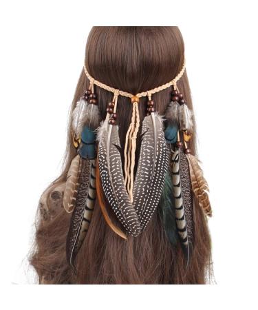 Repuhand Bohemian Peacock Feather Headdress Headband Braid Hair Band Headband Accessories for Women 3#