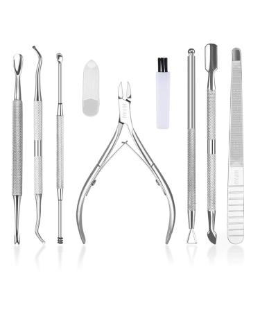 HIFAU 8PCS Premium Cuticle Nippers Pusher Manicure Tools Set, Professional Ingrown Toenail File, Cuticle Remover Trimmer Cutters Tool Gel Nail Art Kit, Stainless Steel, Travel, Gift