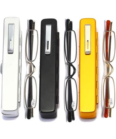 3 Pairs Slim Pocket Reading Glasses with Pen Clip & Metal Case | Men Women Readers | Spring Hinge | 2.0x Magnification | Silver, Black, Gold - Buy Online on GoSupps.com