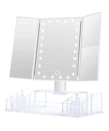 GULAURI Makeup Mirror - Lighted Makeup Mirror with Lights and Magnification  3x/2x Magnifying  Tri-Fold Cosmetic Vanity Mirror with 24 LED Light and Storage  Touch Screen  180 Degree Adjustable White