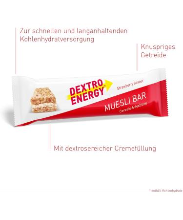 Dextro Energy Muesliriegel Strawberry 25x35g - Quick Carbohydrate Snack Alternative to Chocolate Bar - Delicious & Convenient Energy Boost - Buy Online on GoSupps.com