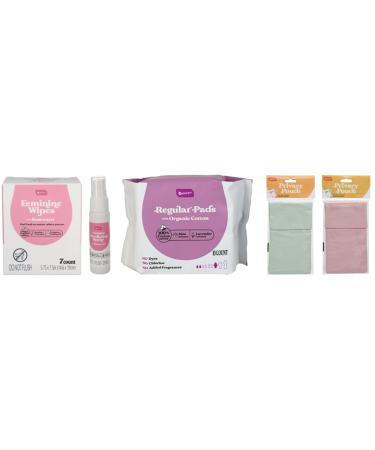 Feminine Organic Cotton Pads Deodorant Spray Wipes with Travel On-The-Go Privacy Pouches Bundle