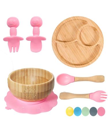 77 Star Bamboo Baby Weaning Set Baby Suction Bowl Suction Plate Baby Spoon & Fork Strong Detachable Suction Base Baby Feeding Set Non-Slip Bamboo Bowl & Baby Plates with Suction (Pink)