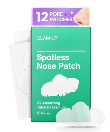 GLAM UP Spotless Nose Patch XL Hydrocolloid Coverage for Nose Pores  Pimples  Zits and Oil - Overnight Strong Waterproof to Absorb Blackheads & Acne Gunk Nose Strip  and Calm Treatment with Tea Tree (12 Patches)