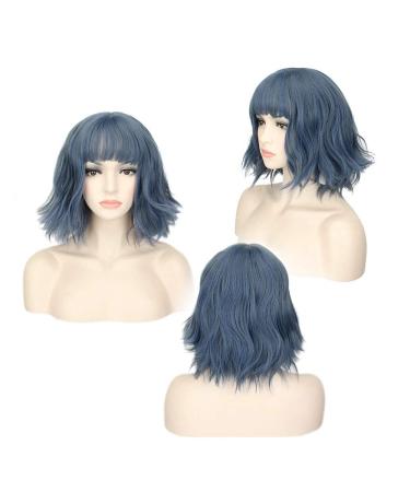 Topcosplay short bob wig for women blond bob wig curly wig with pony synthetic waves halloween costume party wigs (blue)