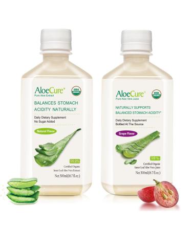 AloeCure Organic Aloe Vera Juice - 2 Bottle Sample Pack - Grape & Natural Flavor 2x500ml