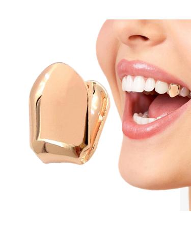 Single Gold Tooth Cap - 14k Gold Realistic Fake Teeth Grills Gold Plated Realistic Fake Teeth Grills Gold Finish Eye Catching and Stylish Tooth Caps for Women and Men Rose Gold
