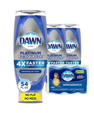 Dawn Dish Soap EZ-Squeeze Platinum Dishwashing Liquid + Non-Scratch Sponges for Dishes, Refreshing Rain Scent, Includes 3x18oz Bottles + 2 Sponges