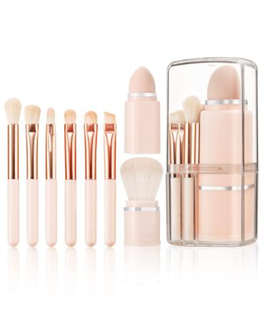 Travel Makeup Brushes Set  START MAKERS Retractable 8 in 1 Mini Powder Brush Beauty Sponge Blender  Premium Portable Foundation Blush Concealers Eyeshadow Make up Brush Set with Storage Boxes (Pink)