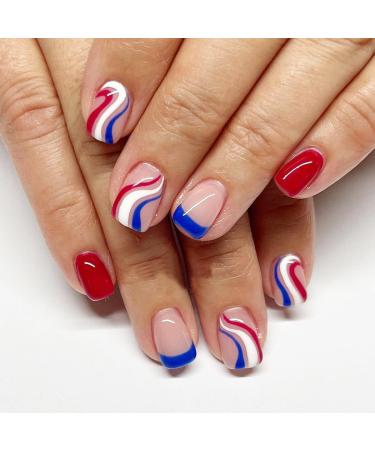 24Pcs Short Press on Nails Square Fake Nails Full Cover False Nails with Red Blue White Strips Designs Colorful French Acrylic Nails Short Square Independence Day Stick on Static Nails for Women design6