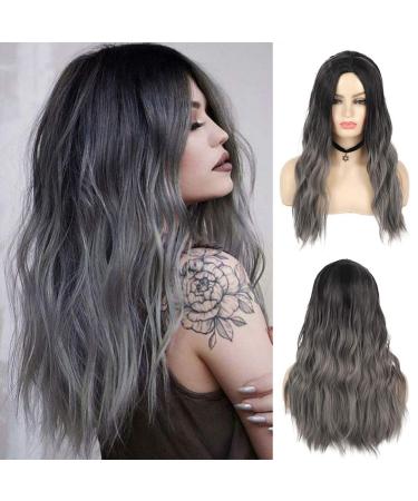 Sallcks Womens Ombre Grey Wig Long Curly Wavy Black Grey Middle Part Synthetic Wig Halloween Cosplay Costume Wig (Black Grey)