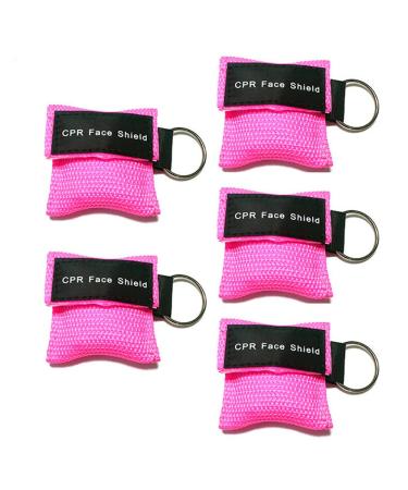 5Pcs CPR Mask Rescue Face Shields with One-Way Valve Breathing Barrier and Keychain Ring for First Aid or AED Training (Pink)