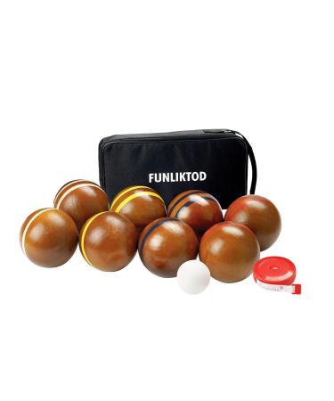 Funliktod Hardwood Bocce Ball Set with 8 Wooden Balls&White Pallino & Carry Case & Measuring Tape for Family Outdoor Lawn Beach Backyard Games (2.95')