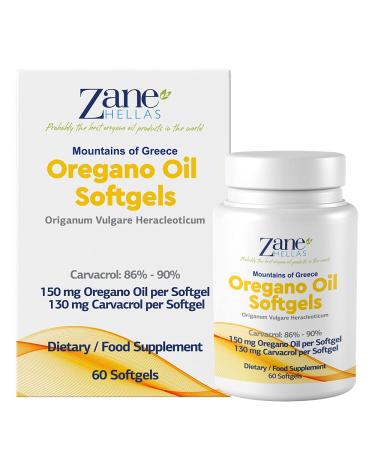Zane | 130 mg Carvacrol - 150 mg Oregano Oil per Softgel. World Highest Concentration Oregano Oil Capsule. Softgel Contains 30% Greek Essential Oil of Oregano. 60 Softgels.