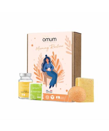 OMUM - Energizing Morning Routine Gift Box 4 treatments: 1 Anti-fatigue supplement + 1 Cajoleur soap + 1 Konjac Face sponge + 1 Infusion - Natural, France, Vegan, Compatible with pregnancy and breastfeeding