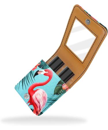 Travel Lipstick Organizer Case | Portable Makeup Bag with Mirror | Flamingo Tropical Leaves Design - Shop Now - Buy Online on GoSupps.com