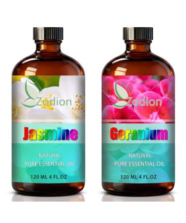 Geranium Essential Oil 4 Fl Oz and Jasmine Essential Oil 4 Fl Oz - Geranium & Jasmine Oil for Diffuser Aromatherapy Home Fragrance Skin & Hair Care DIY Candle & Soap Making Yoga