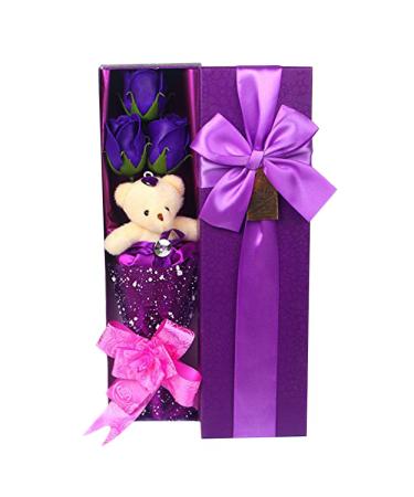 Abbie Home Flower Bouquet 3 Scented Soap Roses Gift Box with Cute Teddy Bear for Her Him Valentine's Day Anniversary Wedding Mothers Day Birthday Gift and Proposal (Purple)