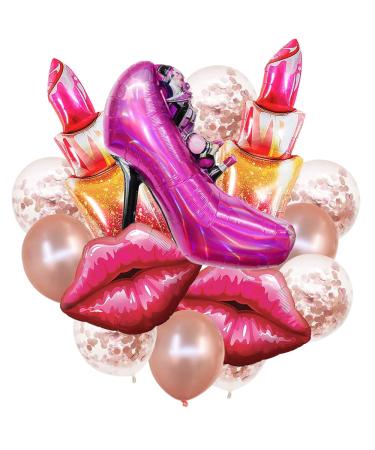 CYMYLAR 15Pcs Makeup Party Decoration Supplies 32inch High Heels Balloons  Red Lips  Lipstick  Rose Gold Balloon for Girl Princess Birthday Bridal Shower Bachelorette Spa party Decor