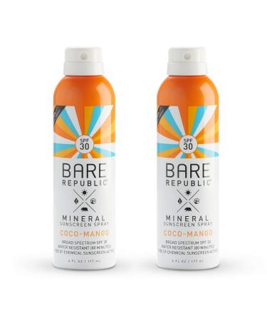 Bare Republic Mineral SPF 30 Sport Sunscreen Spray. Coconut-Mango Sheer and Strong Water-Resistant Sunscreen Spray with SPF 30 (6 Ounces) 2 Pack.