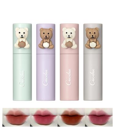 4PCS Bear Matte Velvet Lipstick Waterproof Long Lasting Lip Gloss Lip Stain Non Stick Cup Easy Coloring Liquid Lipstick Moisturizing Velvet Face Lip Mud