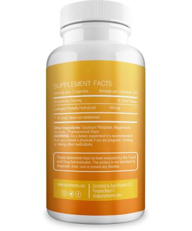 Aura Vitamin Hydrolyzed Collagen with Vitamin C Capsules 500mg Great Energy | Skin Hair and Nail Support | Hyaluronic Acid Pills - 60ct (2) - Buy Online on GoSupps.com