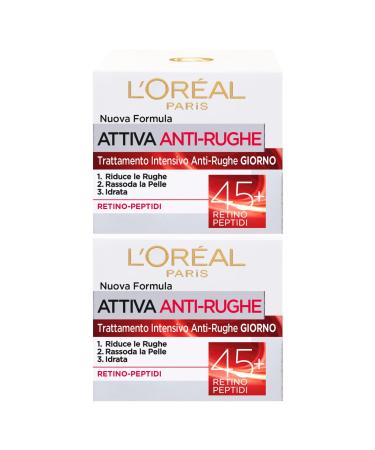 L'Oreal Paris L'Or al Paris Active Anti-Wrinkle Day Cream for Face Intensive Treatment 45+ Moisturizing and Firming Action for the Skin Natural Formula Regenerating with Fillet Peptides - 2 x 50 ml Jars