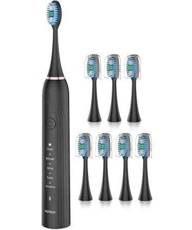 POTICO Sonic Electric Toothbrush for Adult 8 Brush Heads Smart Timer 5 Modes IPX7 Waterproof Power Rechargeable Toothbrush 1 Charge for 90 Days Use (Black)