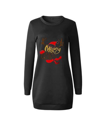 Hanxiulin Christmas dress for ladies sexy party clothes hood tops print long -arm sweater dress hooded sweater dress oversize long arm blouse dresses sweatshirts dress Christmas dresses black m