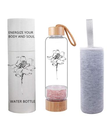 Bamboo Wellness Crystal Elixir Infused Gem Water Bottle Natural Gemstone Crystal Water Bottle Quartz Gravel Gemstone Healing Glass Energy Elixir Water Bottle 400ML Rose Quartz