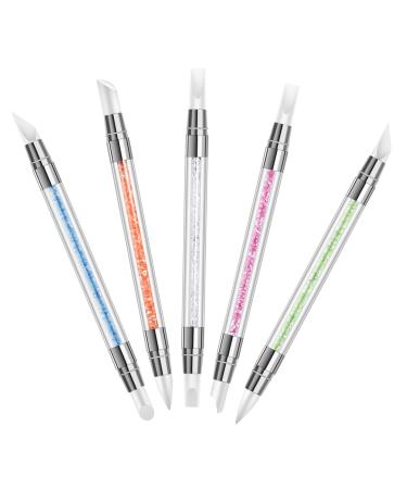 Nailart pen carve brush silicone head acrylic nail brush double heads with rhinestone handle diy manicure tool pencil for salon women girls 5 pieces
