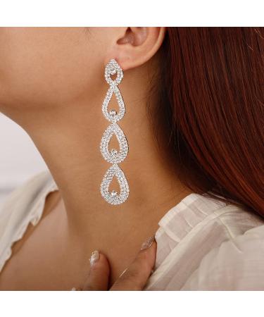 Denifery Rhinestone Chandelier Tassel Drop Earrings - Teardrop Crystal Studs for Wedding Bling - Silver Dangling Statement Earrings for Women - Buy Online on GoSupps.com
