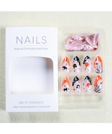 Shop Halloween Press On Nails - Short Almond French Tip with Ghost Bat & Pumpkin Designs | Full Cover Acrylic Nails for Women & Girls - Buy Online on GoSupps.com