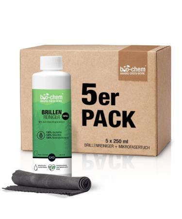 Bio-chem glasses cleaner with anti-fitting function protection against fitting glasses anti-fog spray 5x 250 ml refill bottle (1250 ml) + premium microfiber cloth/glasses cleaning cloth