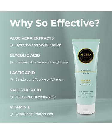 ALZIBA CARES Glow Revival Face Wash Infused with Aloe Vera and Vitamin E | Glycolic Acid for Glowing Skin | Brightening and Clear Skin Tone Facial Cleanser for Men & Women | 180ml - Buy Online on GoSupps.com
