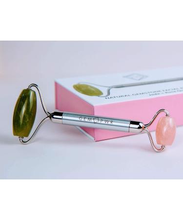GEM PWR Rose Quartz + Jade Roller for Face and Neck Massage - Dual Gemstones with Steel Handle and Travel Bag for Minimizing Wrinkles and Puffiness, Restoring Skin's Elasticity and Radiance - Buy Online on GoSupps.com