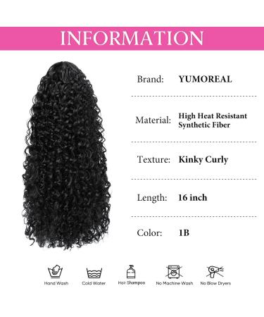 YUMOREAL Black Kinky Curly Drawstring Ponytail Extension- 16 Inch Synthetic Clip in Afro Wavy Pony Tail for Black Women - Buy Online on GoSupps.com