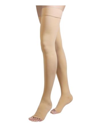 Thigh High Compression Stockings Open Toe Pair Firm Support 20-30mmHg Gradient Compression Socks with Silicone Band Unisex Opaque Best for Spider & Varicose Veins Edema Swelling Beige 3XL 3XL Beige