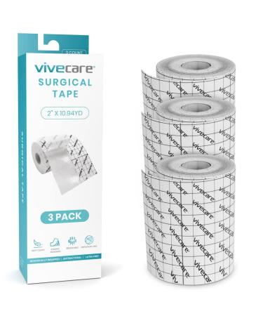 Vive Soft Cloth Surgical Tape 2"x10 Yds (3 Rolls) - Hypoallergenic First Aid Kit Supplies for Wound Dressing - Latex-Free Medical Fabric Adhesive - Non-Woven Breathable Gauze and Bandages 2 In