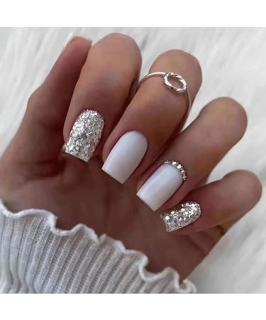 Square Press on Nails White Fake Nails Medium Length False Nails Silver Glitter Design Glossy Acrylic Nails with Rhinestones Full Cover Stick on Nails Medium Square Artificial Nails for Women Girls 24Pcs style1