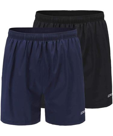 EZRUN Men's 5 Inches Running Workout Shorts Quick Dry Lightweight Athletic Shorts with Liner Zipper Pockets Navy Blue/Black-2 Pack Medium