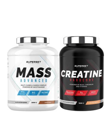 Superset Nutrition | Advanced Mass Gain Program - Mass Advanced 2.5kg Choco Nut - Creatine Hardcore 1.5kg Ice Tea Peach